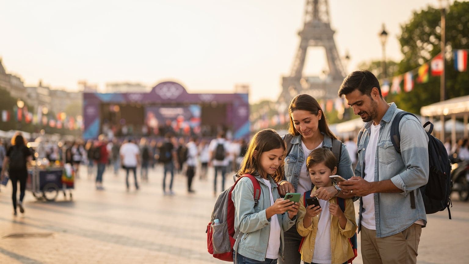 Une famille avec deux enfants, un garçon et une fille âgés de 8 et 10 ans, marchant main dans la main dans les rues de Paris près de la Tour Eiffel, leurs visages rayonnants d'enthousiasme pour les Jeux Olympiques, avec des petits drapeaux français à la main.