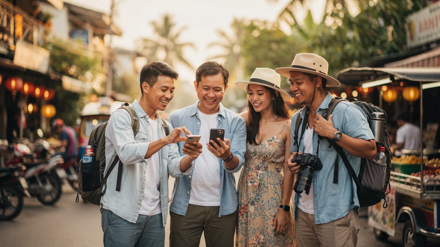 Một nhóm bạn trẻ người Việt đang cười nói vui vẻ, cùng nhau xem điện thoại trên một chiếc thuyền đuôi dài tại vịnh Hạ Long vào buổi chiều hoàng hôn.