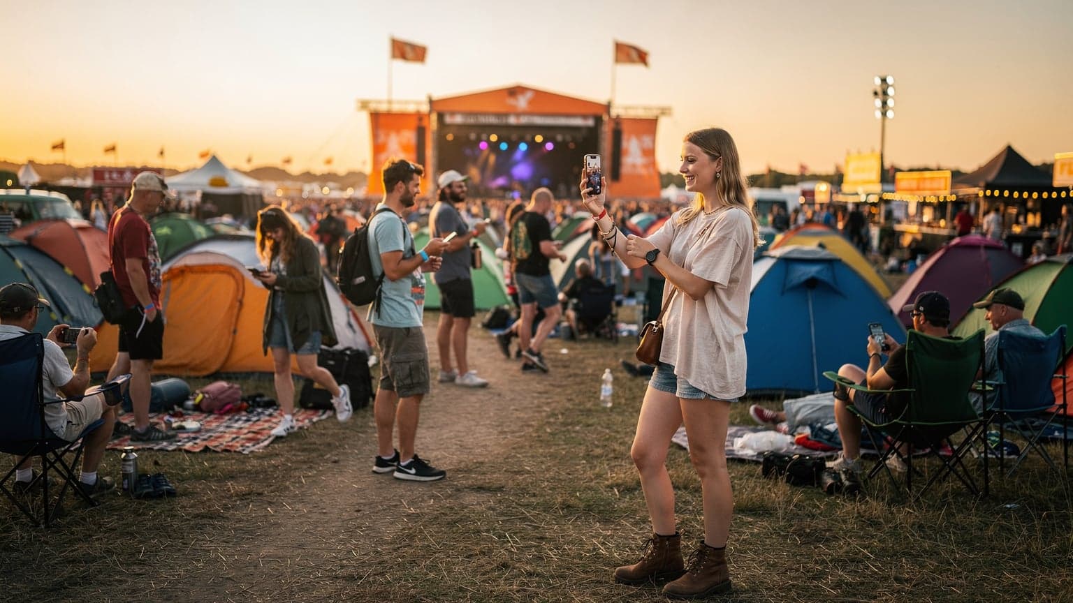En gruppe glade festivalgængere danser foran en stor scene på Roskilde Festival i skumringen, med mobiltelefoner i hånden, der lyser op, mens de filmer musikken.