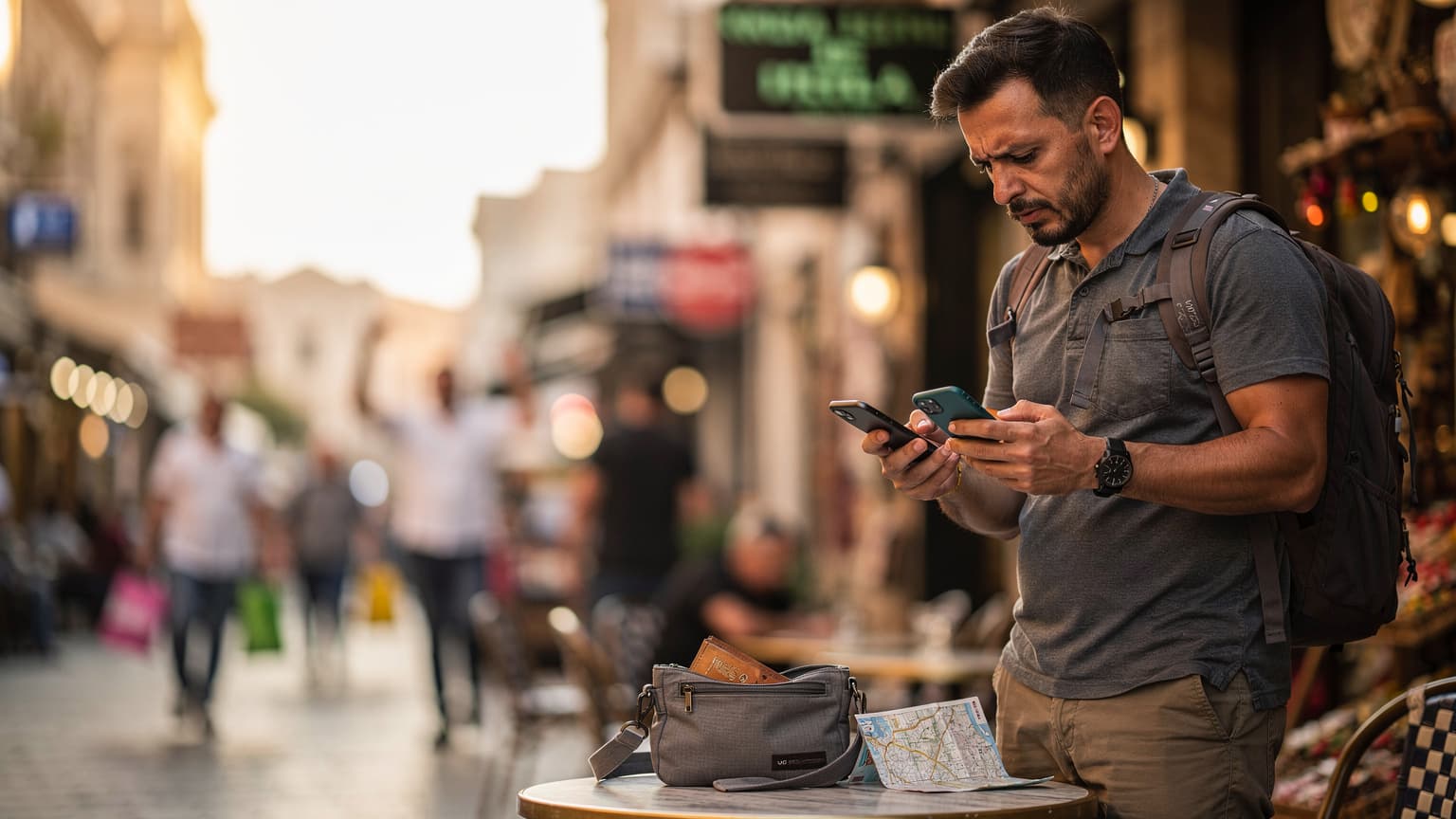 İstanbul'daki tarihi bir hanın avlusunda oturan, akıllı telefonunda eSIM ayarlarını kontrol eden genç bir sırt çantalı gezgin.
