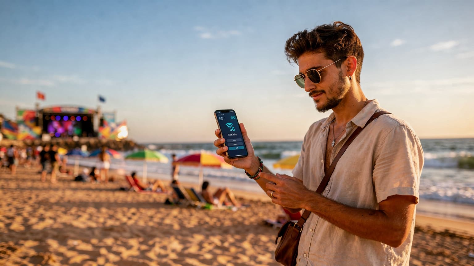 Uma mulher jovem, de óculos de sol, sorri enquanto segura seu iPhone 18 na mão, com a praia da Comporta ao fundo, sob um sol de fim de tarde dourado.