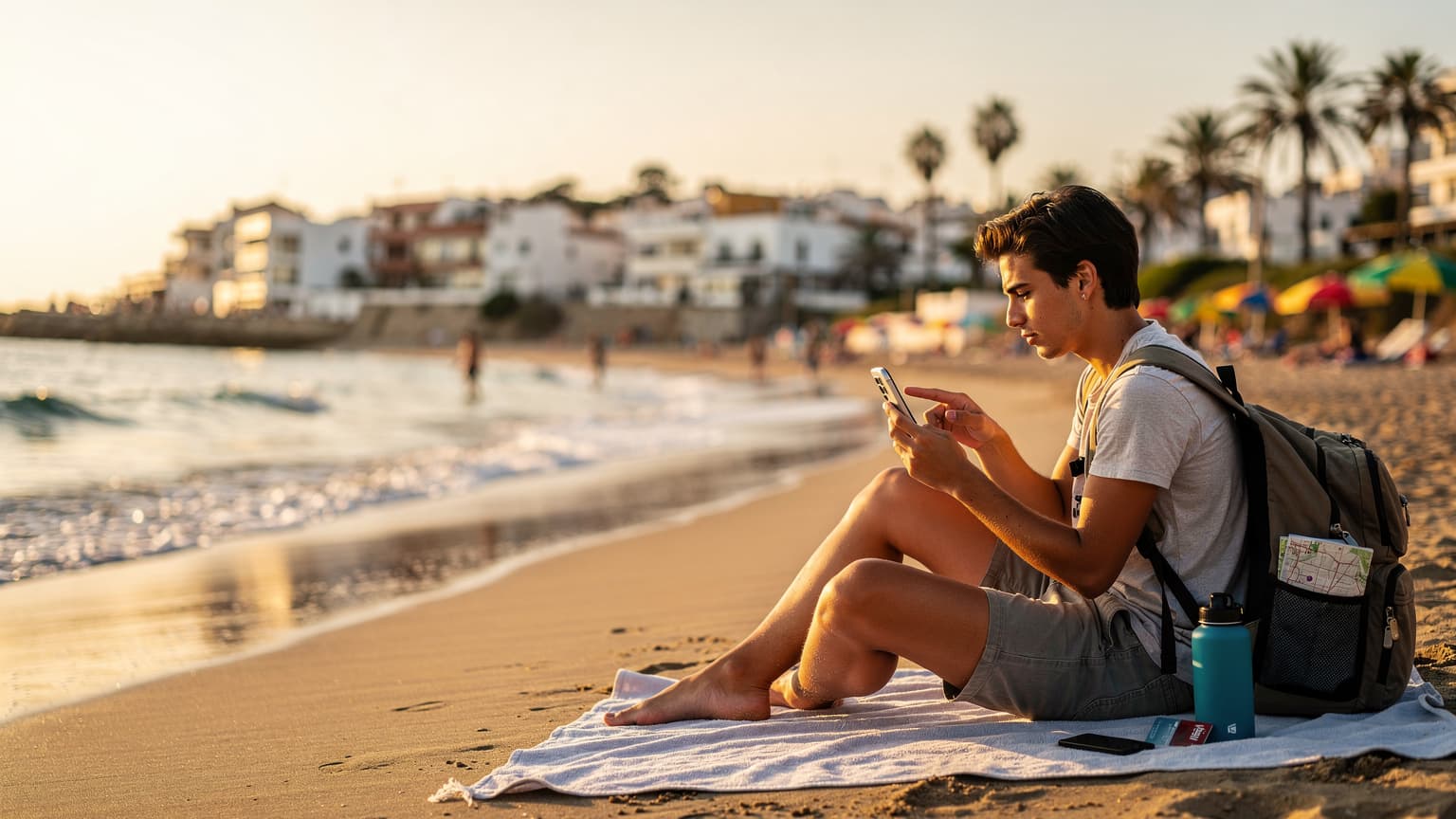 Una mujer joven con una mochila pequeña revisa su teléfono en una playa de arena dorada en la Costa del Sol, España, con el mar Mediterráneo de fondo.