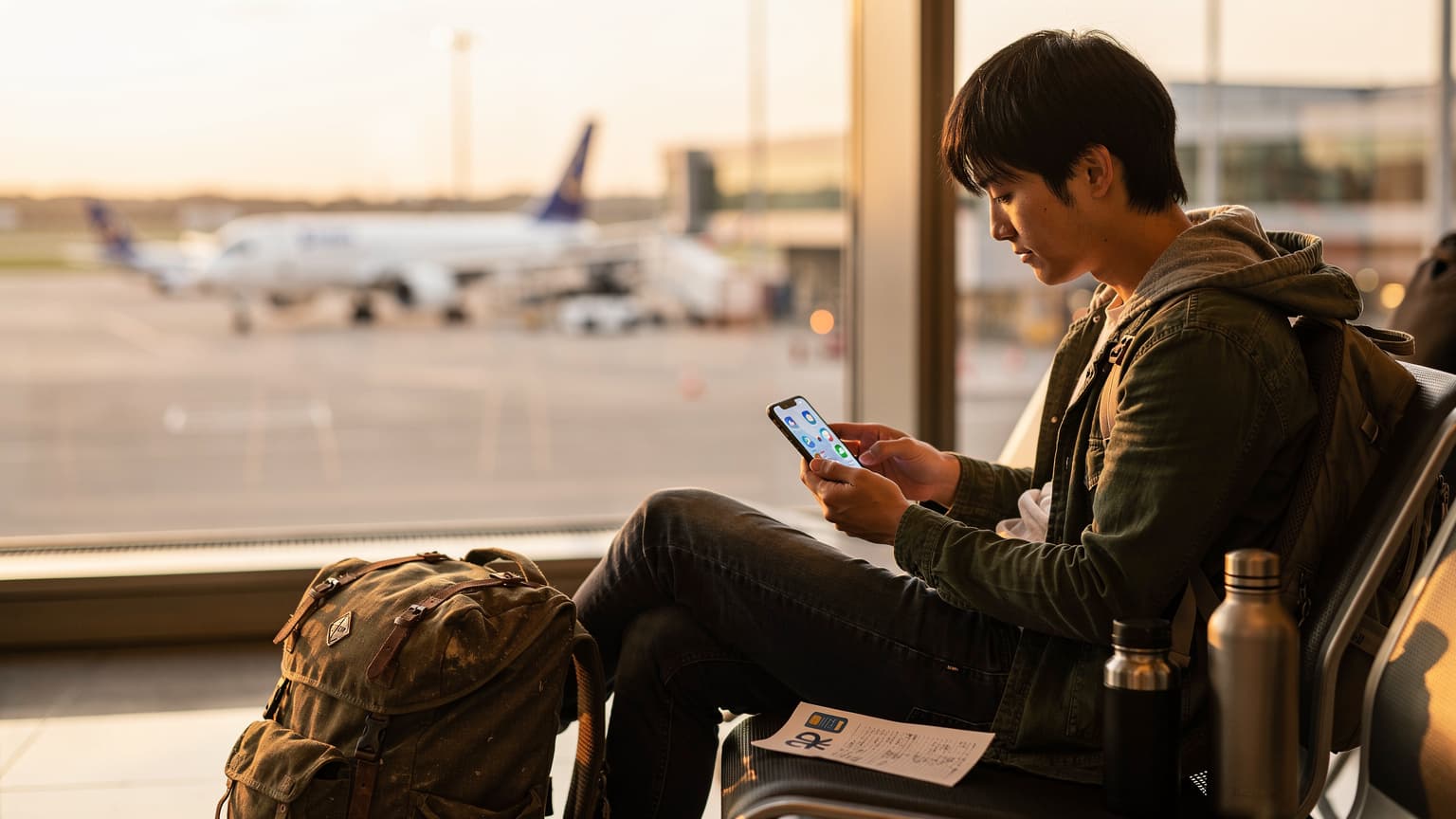 大阪の賑やかな新世界、通天閣を背景に、スマートフォンで地図アプリを確認するバックパッカーの日本人女性。