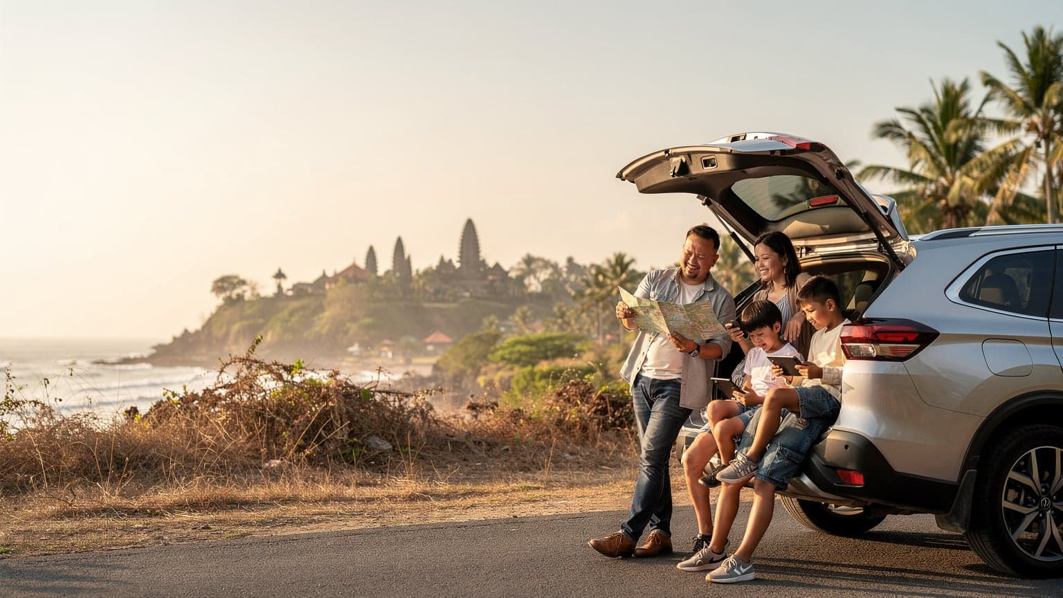 Seorang ibu tersenyum sambil memegang smartphone di tangan kirinya, mengarahkan mobil SUV yang penuh dengan anak-anak dan barang bawaan di jalanan pedesaan Bali yang cerah, dengan sawah hijau membentang di kejauhan.