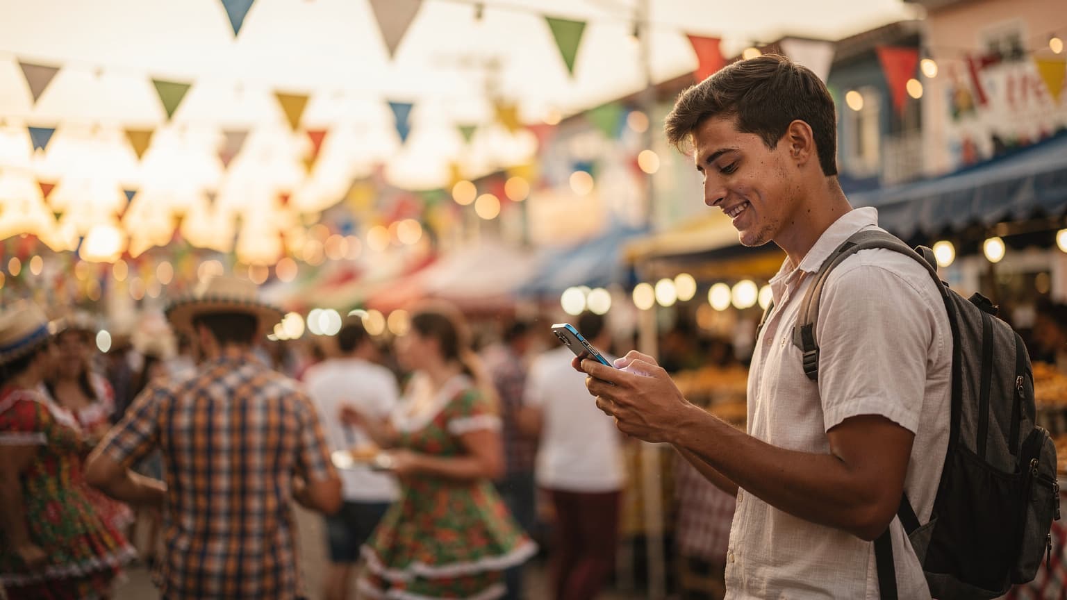 Uma jovem sorridente, com roupas típicas de festa junina, tira uma selfie com um smartphone enquanto está imersa na multidão de um vibrante arraiá noturno no Nordeste do Brasil, com fogueiras e bandeirinhas ao fundo.