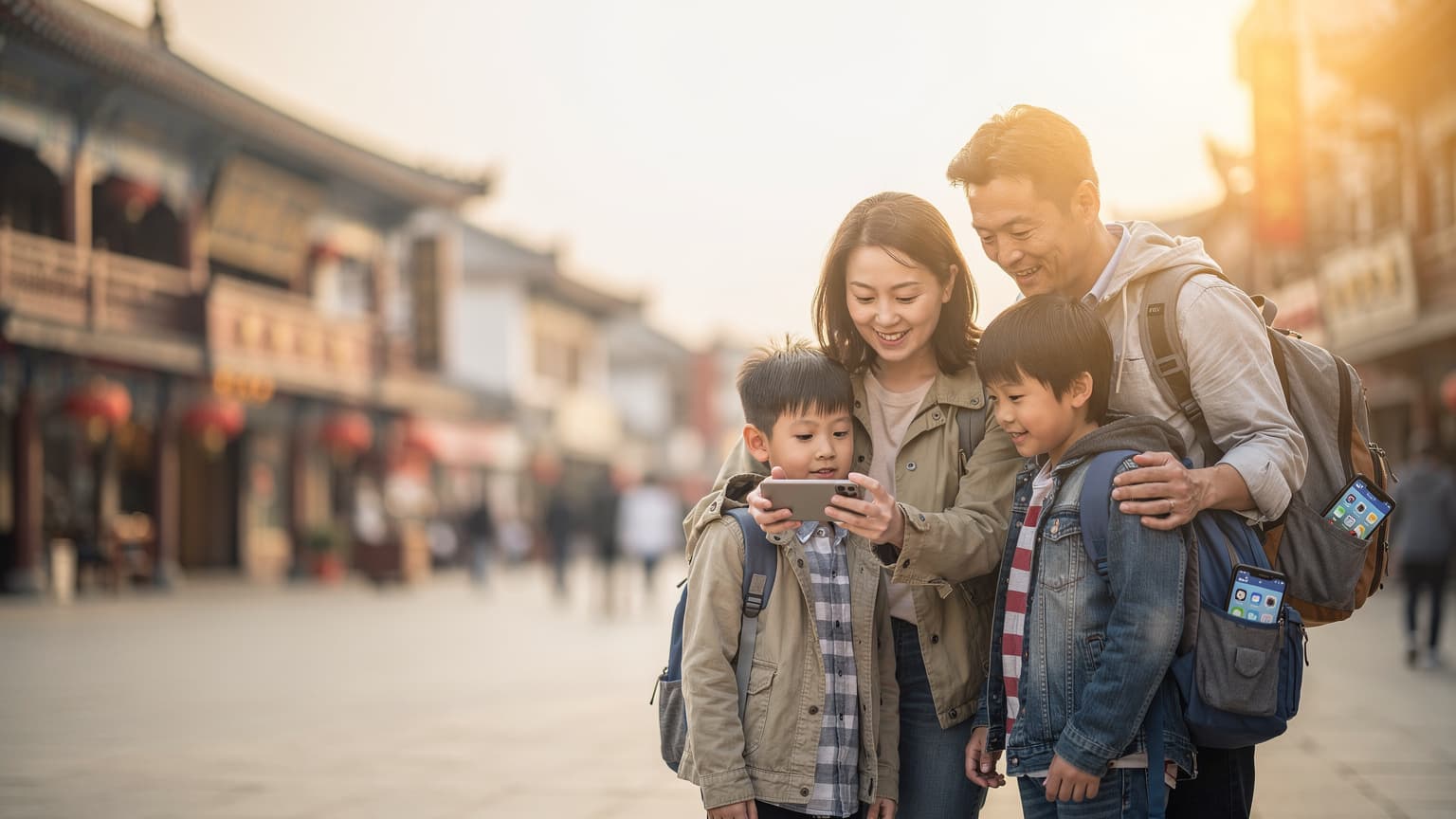 中国の賑やかな街角で、子供たちがスマートフォンで地図を見ている家族旅行者。