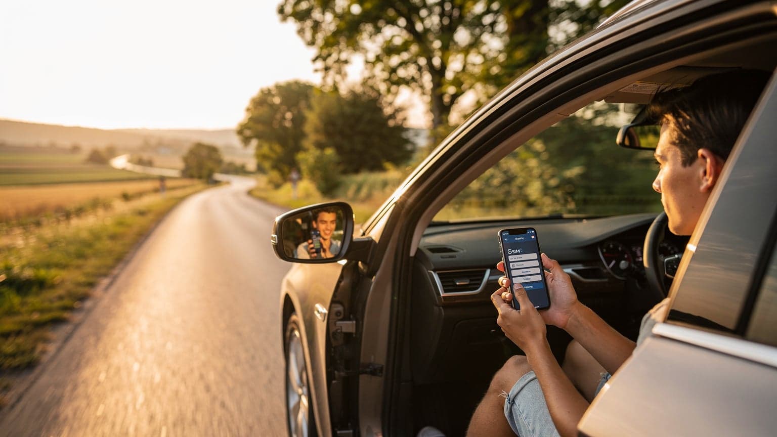 Une famille souriante dans une voiture décapotable, roulant sur une route côtière ensoleillée dans le sud de la France, avec un téléphone affichant un itinéraire GPS clairement visible sur le tableau de bord.