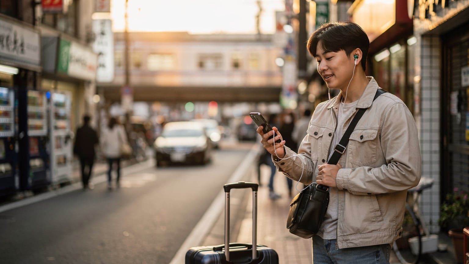 도쿄 신주쿠역 개찰구를 통과하는 한국인 여행객이 스마트폰으로 eSIM QR 코드를 스캔하고 있는 모습.