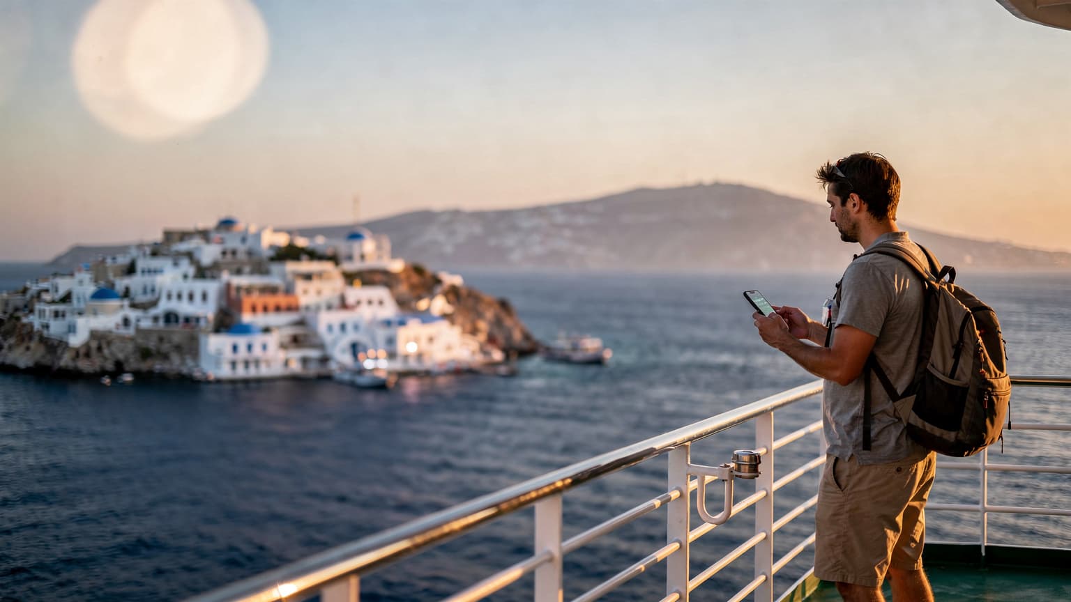 En kvinna i 30-årsåldern ler och tittar på sin telefon medan hon sitter på en uteservering i Plaka, Aten, med Akropolis i bakgrunden.