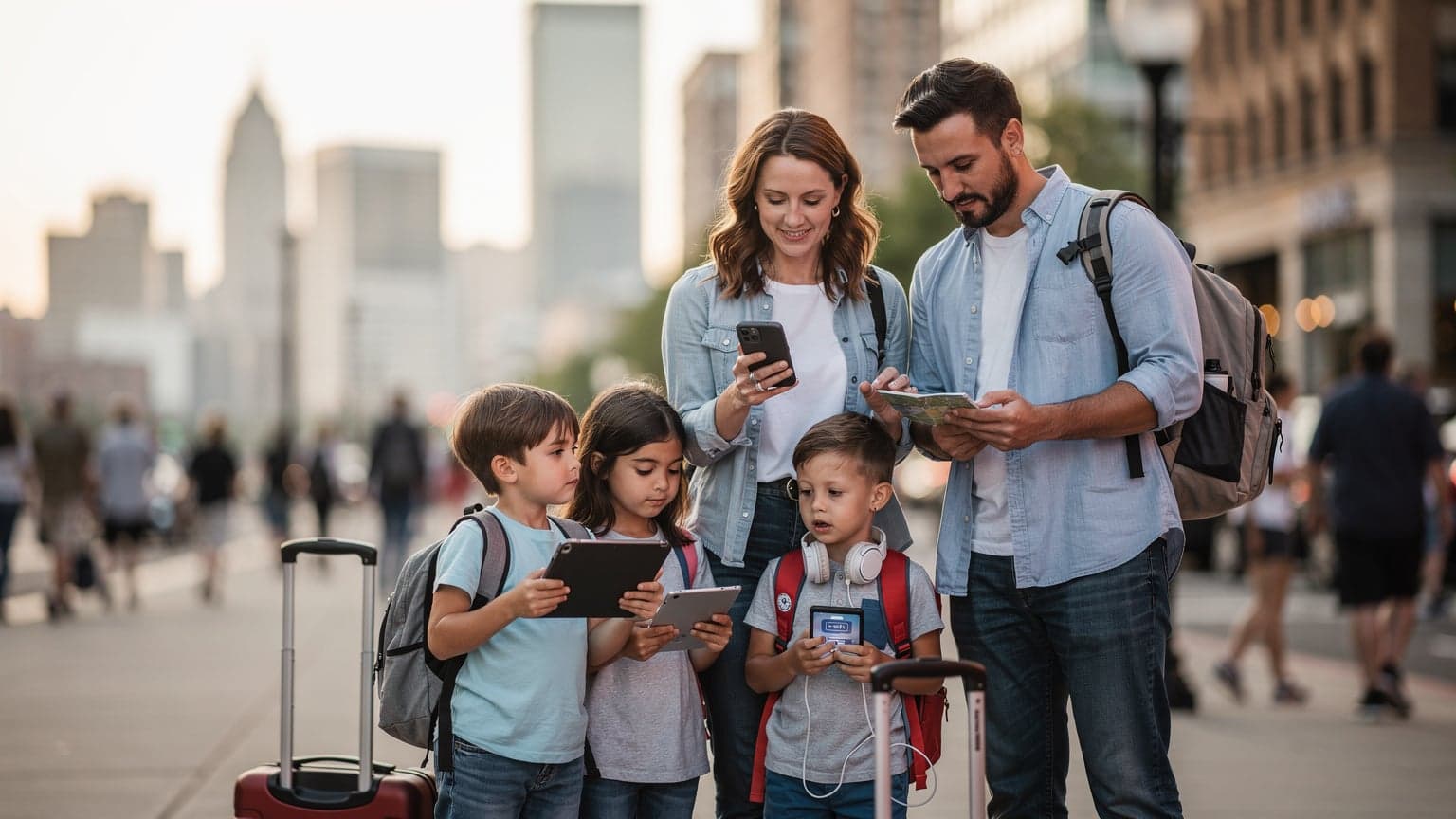 A family, including two children, looking at a digital map on a smartphone while standing near the entrance of a theme park in Orlando, Florida, with bright sunshine.