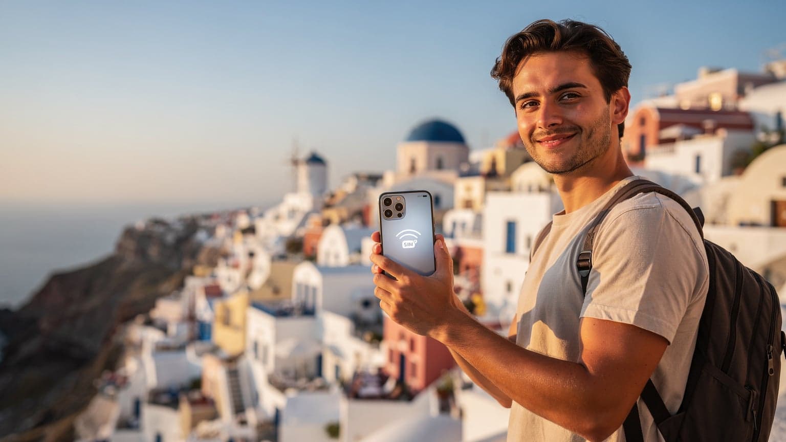 Μια γυναίκα κρατά ένα iPhone 18, κοιτάζοντας την οθόνη με χαμόγελο, ενώ βρίσκεται σε ένα γραφικό σοκάκι της Μυκόνου με λευκά σπίτια και μπλε παράθυρα, απολαμβάνοντας τον ήλιο.