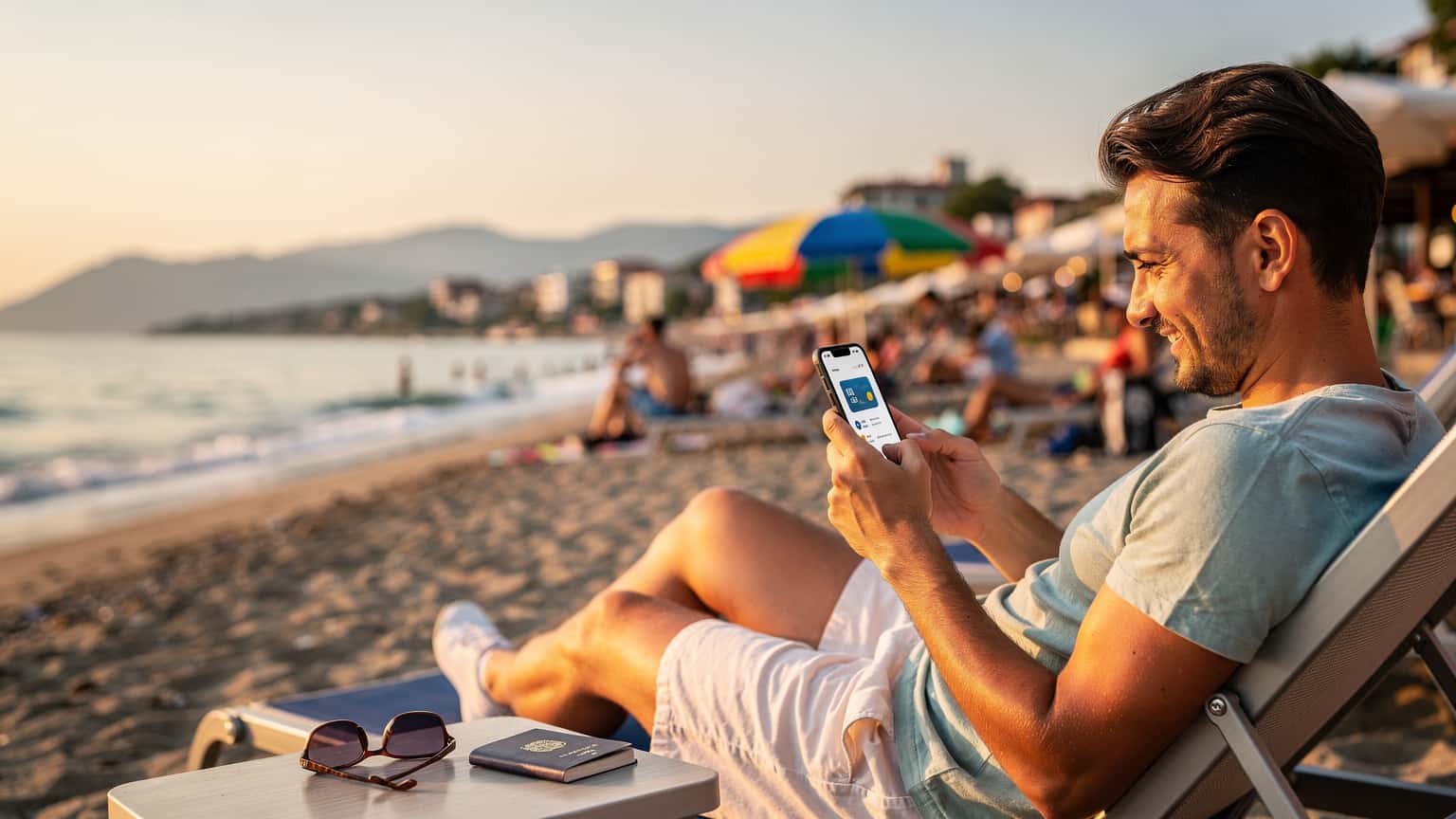 Mladá žena s batohem prochází po historické dlážděné ulici v Nesebaru v Bulharsku, drží telefon a kontroluje mapy, zatímco v pozadí je vidět starobylá architektura a moře.