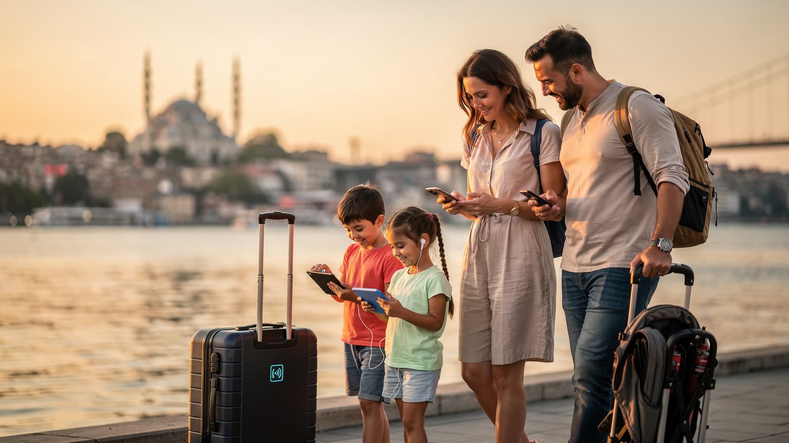 İstanbul'da tarihi bir tramvayda, pencereden dışarı bakarken elinde telefon tutan, yanında küçük bir çocuğun oturduğu bir kadın.