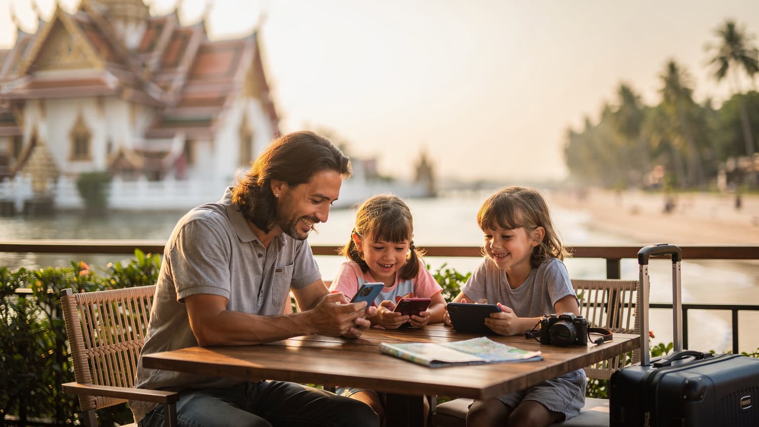 Une famille avec deux enfants, un garçon et une fille, regarde un spectacle de danse traditionnelle thaïlandaise en plein air, les visages illuminés par les couleurs des costumes et les lumières du crépuscule. Le père tient un smartphone avec une eSIM active.