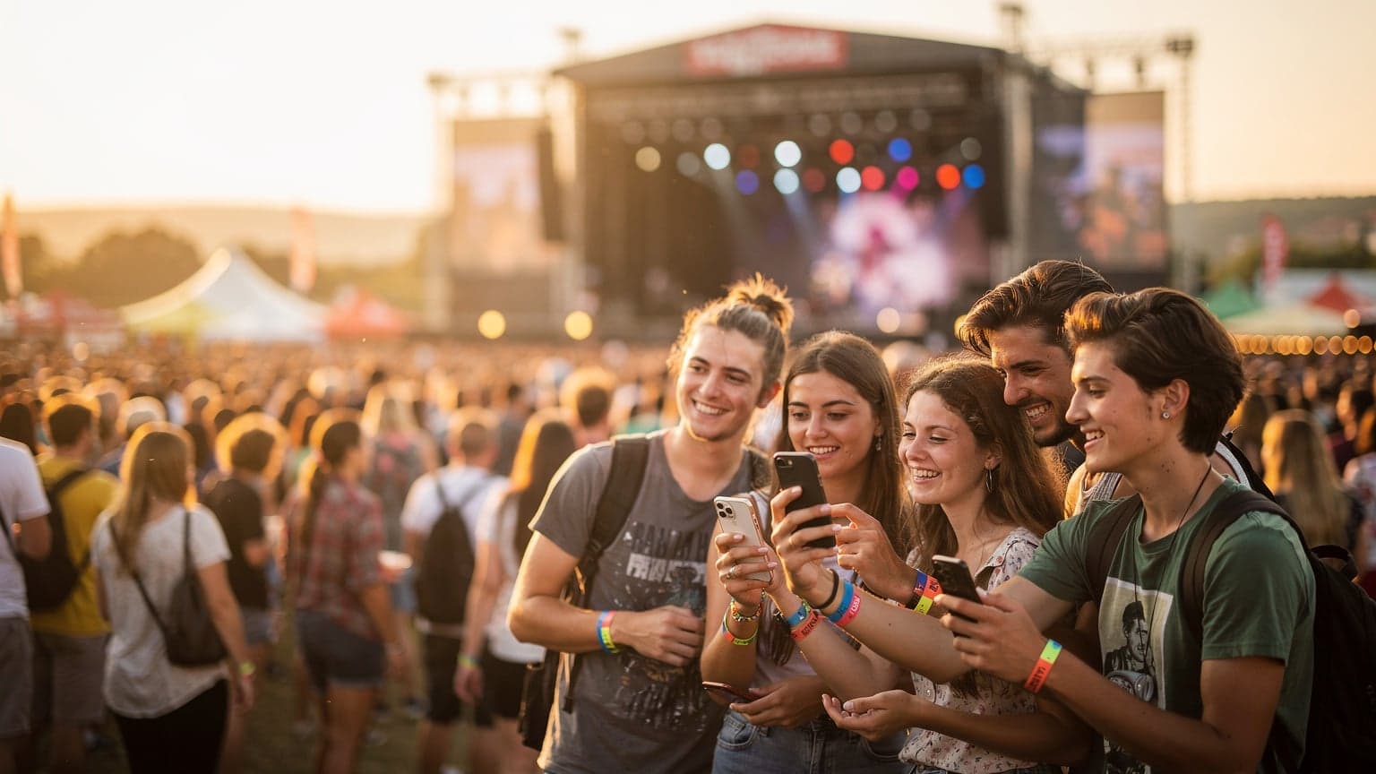 Rodina s dvěma dětmi ve věku 8 a 11 let sedí na dece v travnatém areálu hudebního festivalu, v pozadí je vidět pódium a davy lidí, zatímco otec drží tablet s pohádkou a matka sdílí fotku na telefonu, všichni se usmívají a užívají si atmosféru.