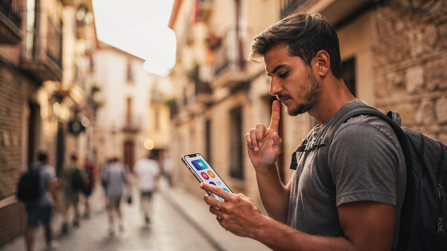Una mujer sonríe mientras revisa su teléfono en una terraza soleada con vistas al mar en el barrio de la Barceloneta en Barcelona, con barcos de pesca en el fondo.