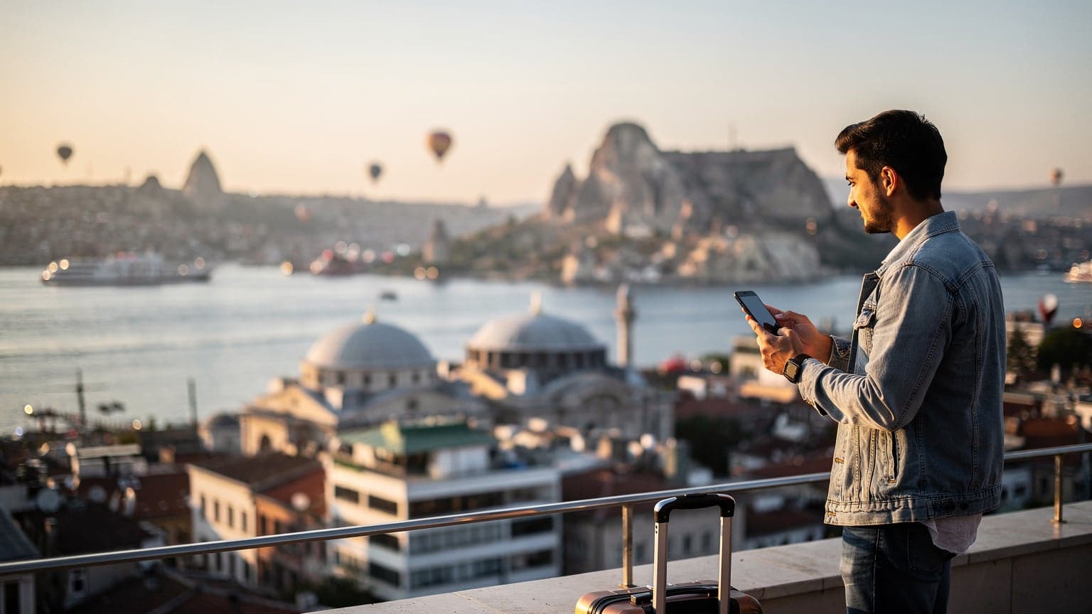 İstanbul'un tarihi Sultanahmet Meydanı'nda bir kadın, akıllı telefonunda eSIM hız testi sonuçlarını kontrol ediyor, arka planda Ayasofya ve Sultanahmet Camii'nin siluetleri görünüyor.
