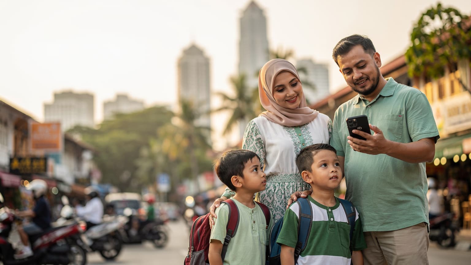 Sebuah keluarga Malaysia menikmati hidangan sarapan di tepi pantai di Langkawi dengan telefon bimbit menunjukkan isyarat penuh, menggambarkan sambungan yang lancar.
