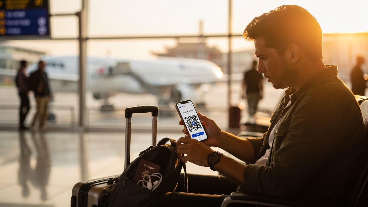 A woman holding a smartphone displaying a QR code, standing in front of a modern airport departure board with destinations like London and New York.