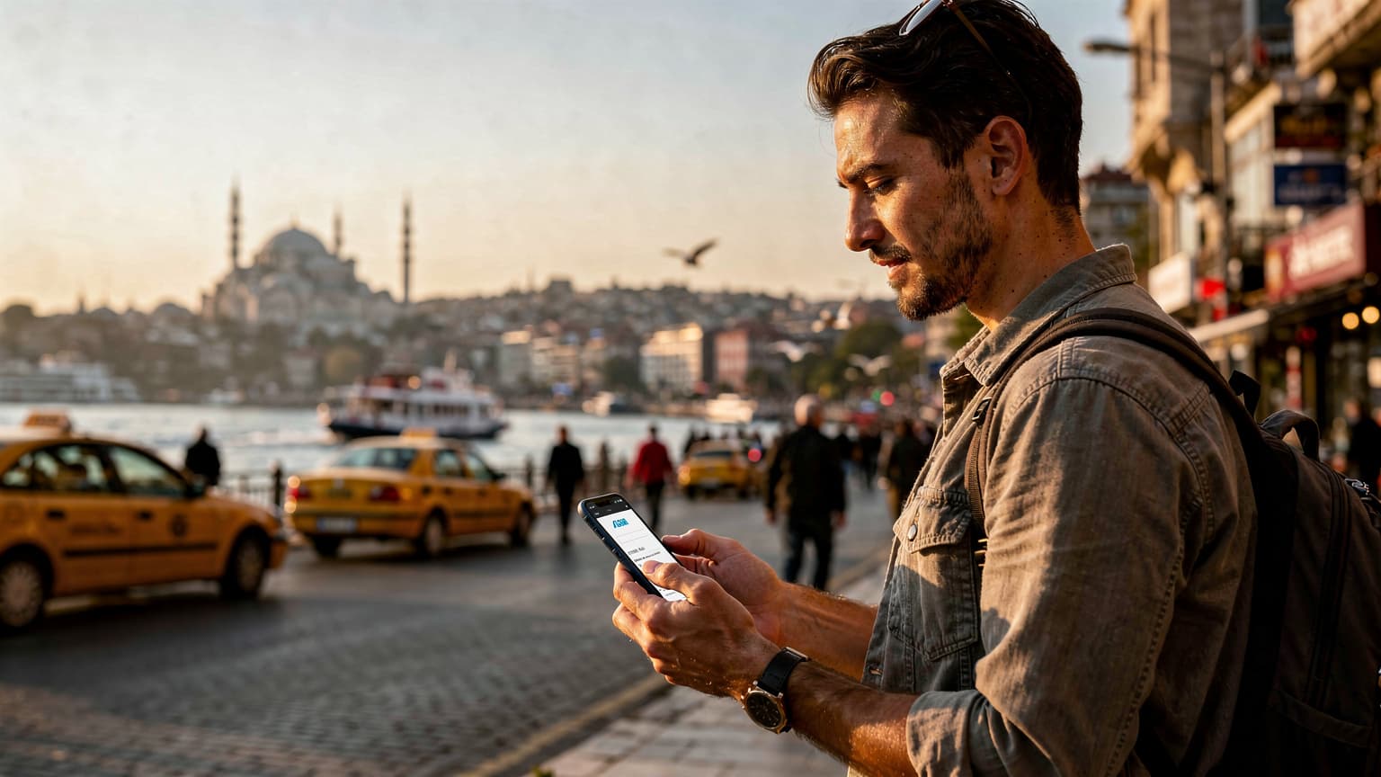 İstanbul'da bir turist, elinde telefonla Galata Kulesi manzaralı bir kafede oturmuş, Boğaz'a bakarken internet bağlantısını kontrol ediyor. Telefon ekranında yeşil bir sinyal çubuğu var.