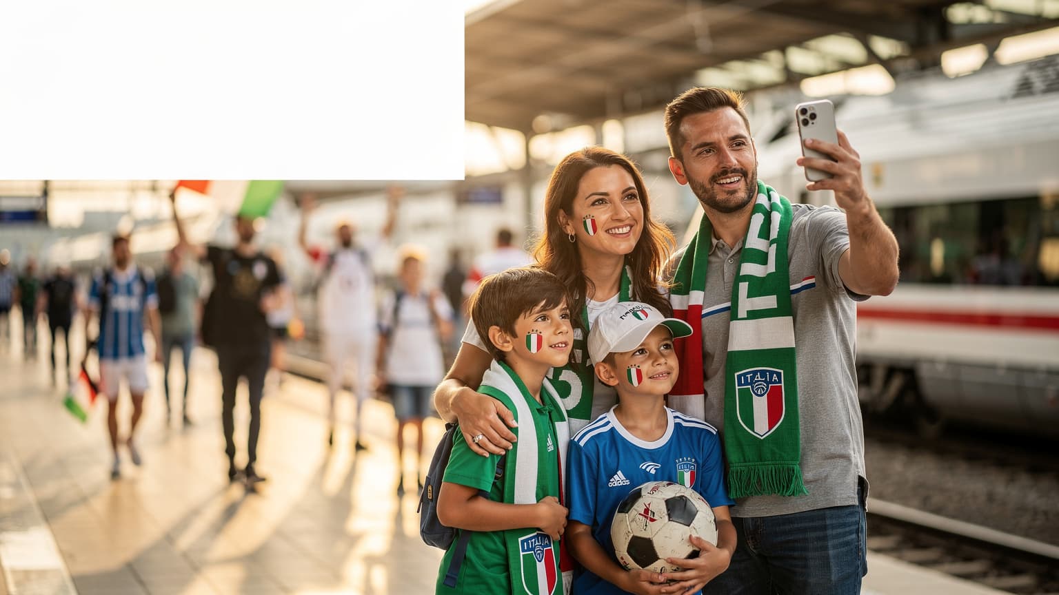 Una famiglia italiana, padre, madre e due bambini di circa 8 e 10 anni, sorride entusiasta sugli spalti di uno stadio di calcio moderno in Germania, indossando maglie della nazionale italiana, mentre il padre mostra lo smartphone con un'app di punteggi in tempo reale, illuminato dalla luce dei riflettori serali, riflettendo la gioia del tifo.
