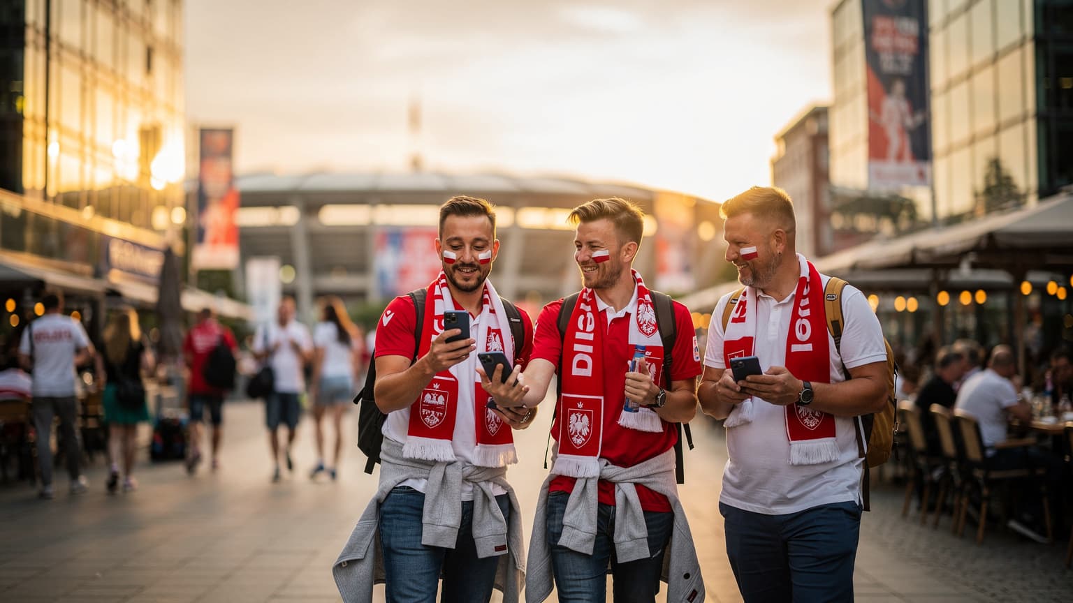 Polski kibic z szalikiem biało-czerwonym uśmiecha się, trzymając smartfon z widocznym meczem piłkarskim na ekranie, siedząc na trybunach stadionu w Dortmundzie podczas meczu Euro 2026.