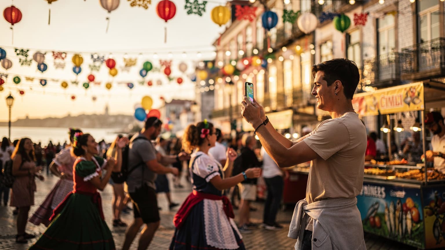 Uma mulher sorridente, com um chapéu de sol, usando seu smartphone para tirar uma foto da multidão vibrante durante as Festas de São João no Porto, com balões coloridos subindo ao céu ao fundo.