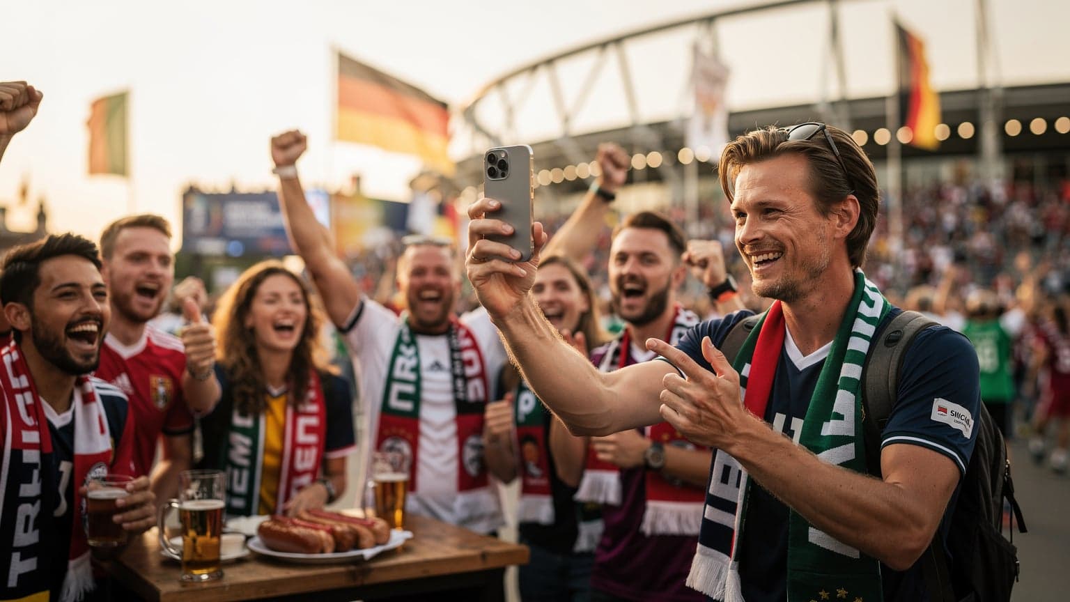En ung mann i tysk fotballdrakt holder en mobiltelefon, smilende og tar et bilde av en folksom fanzone i München med Allianz Arena i bakgrunnen under EM 2026.