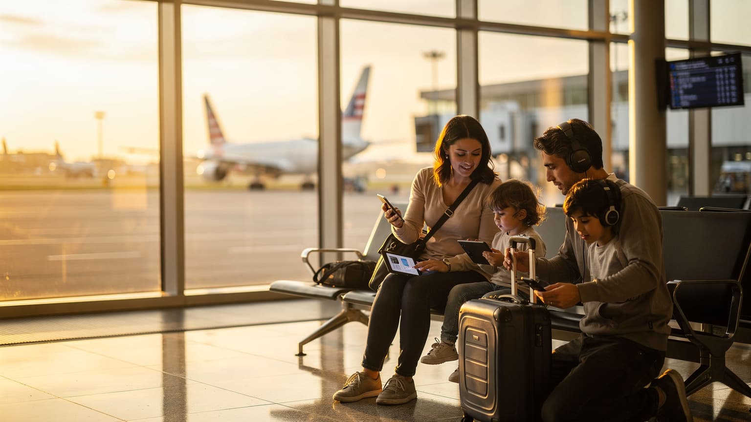 Una famiglia, due adulti e due bambini, seduti comodamente in un caffè moderno a Brooklyn, New York, mentre il padre mostra qualcosa su un tablet ai figli, e la madre sorseggia un caffè, tutti connessi e rilassati.