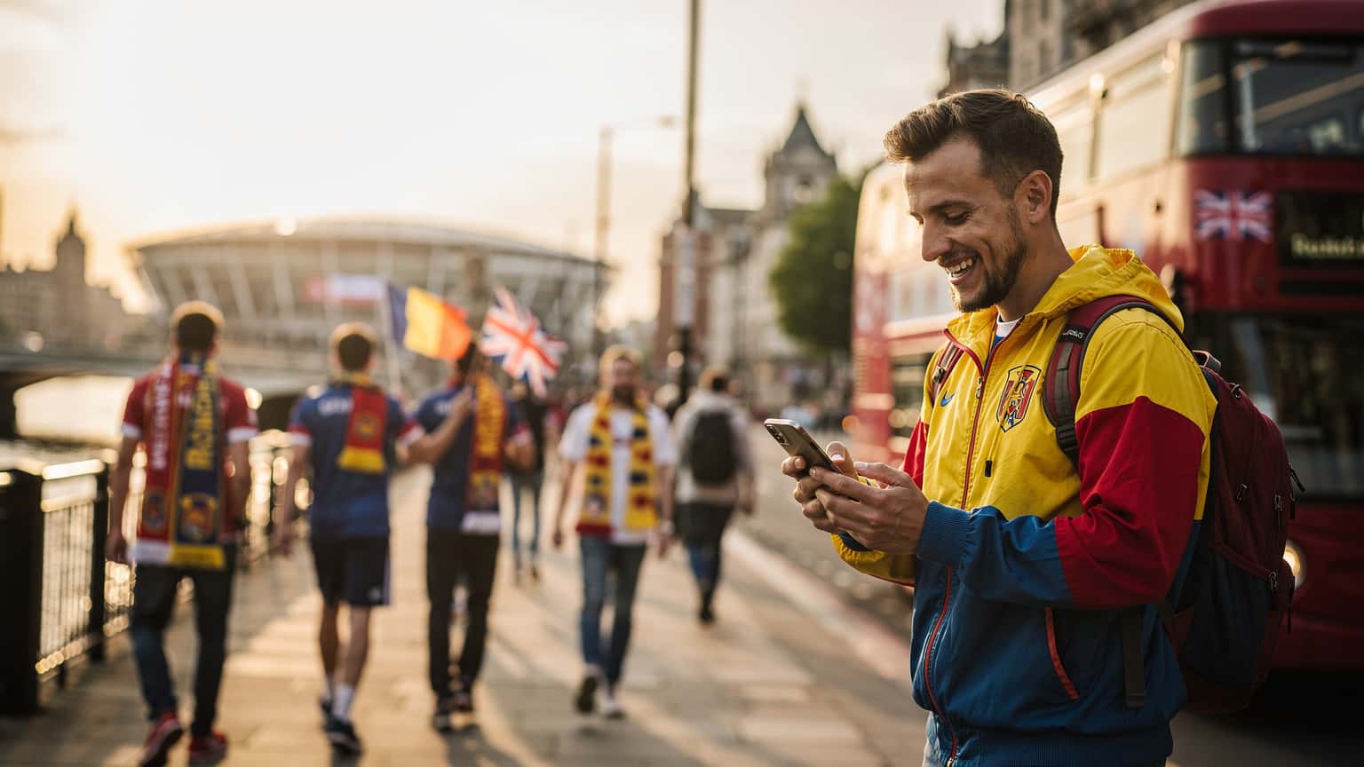 Un tânăr fan român, purtând un tricou al echipei naționale, zâmbește în timp ce privește ecranul telefonului său pe fundalul iconic al stadionului Wembley din Londra, cu luminile orașului încețoșate în spatele său.