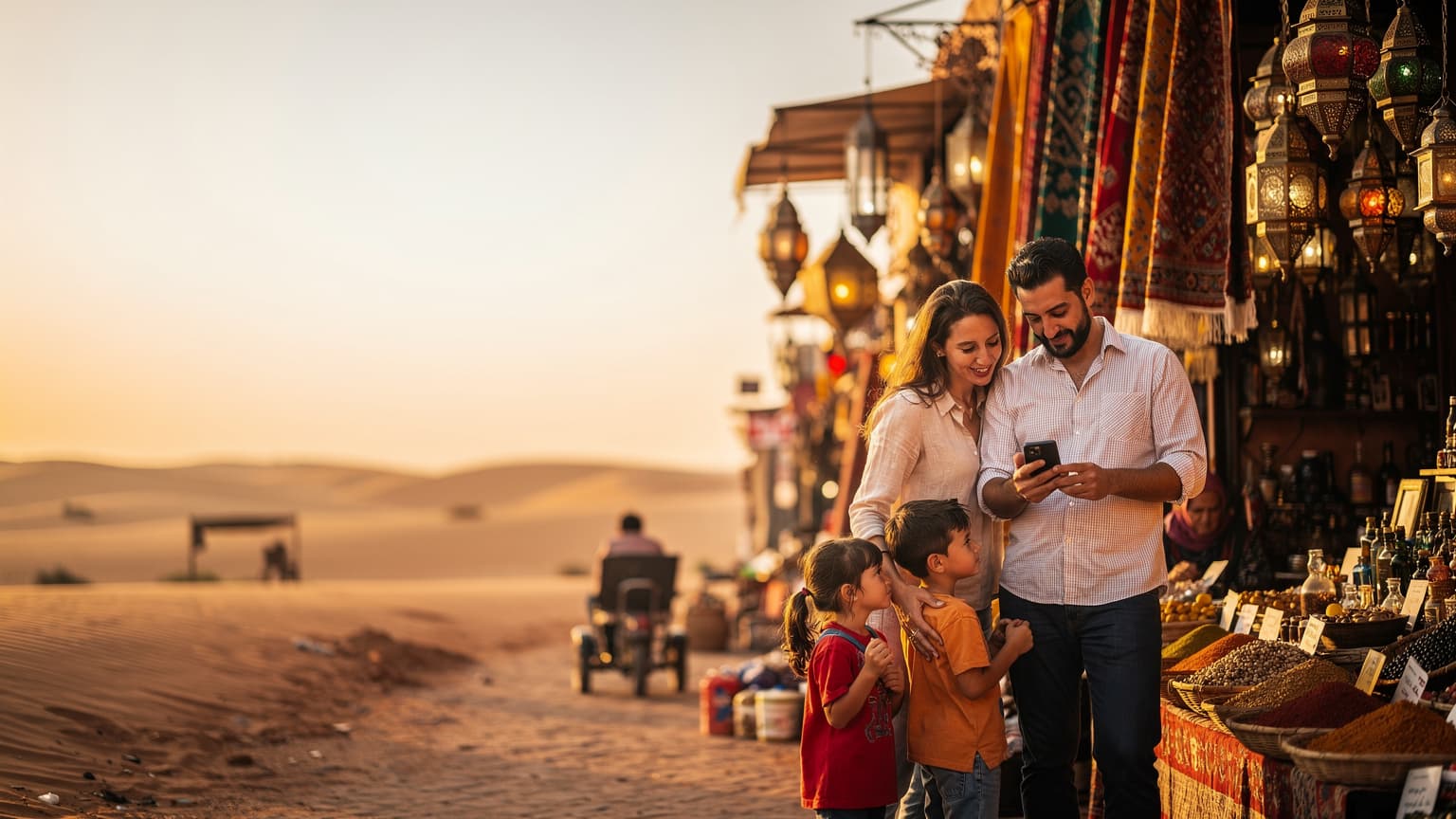 Eine Familie, bestehend aus Eltern und zwei Kindern, blickt auf den Sonnenuntergang über den Sanddünen der Sahara, ihre Gesichter sind von den warmen Farben des Himmels beleuchtet. Im Vordergrund hält ein Elternteil ein Smartphone mit einem eSIM-Symbol auf dem Bildschirm in der Hand.