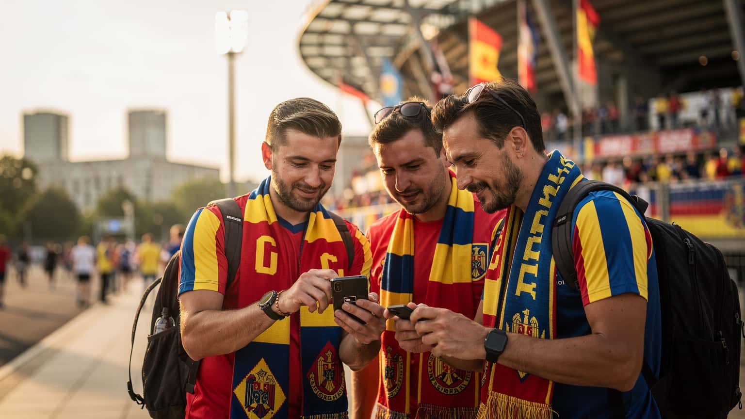 Un tânăr fan român entuziast, purtând un tricou al echipei naționale, privește ecranul telefonului său pe o terasă aglomerată din München, în timp ce fundalul estompat arată o piață tradițională germană și arhitectura specifică orașului, sub o lumină caldă de după-amiază.