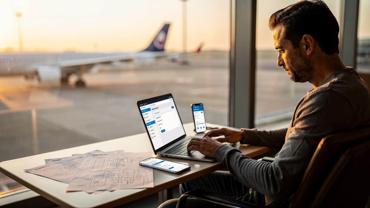 A woman, appearing to be a telecom engineer, meticulously comparing network coverage maps on a tablet while seated in a modern airport lounge, with her passport and a coffee cup on the table.