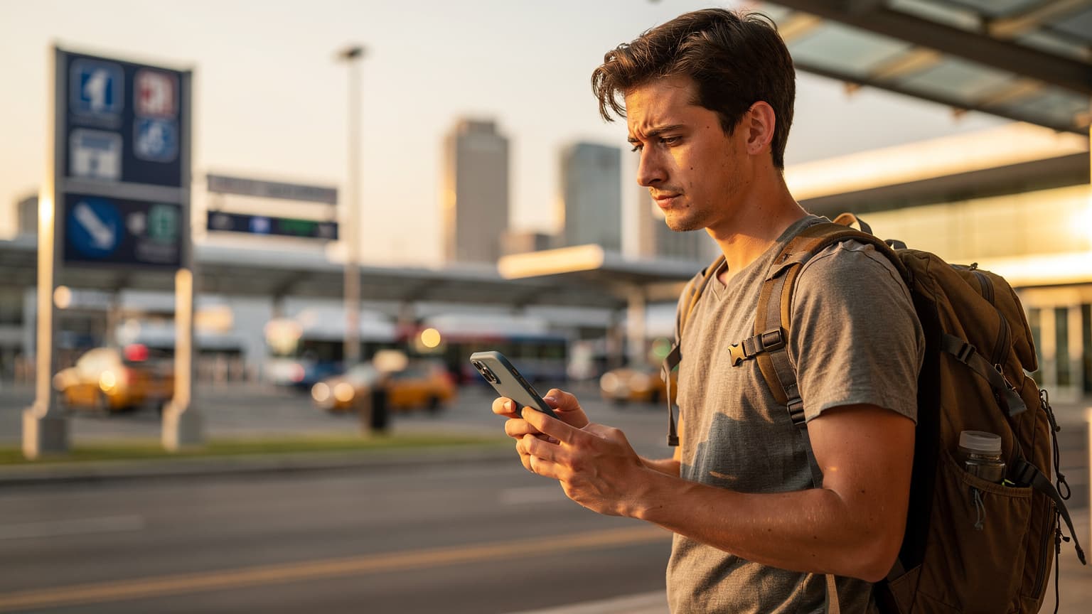 A young man with a backpack checks his phone for signal, looking slightly frustrated, standing in front of a busy Greyhound bus station in downtown Chicago.