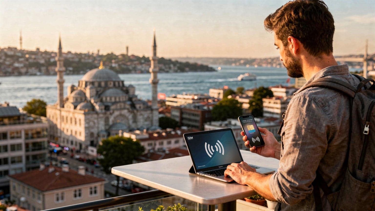 İstanbul'da bir kafede dizüstü bilgisayarında çalışan ve elinde akıllı telefonuyla eSIM kurulumu yapan bir dijital göçebe kadın.