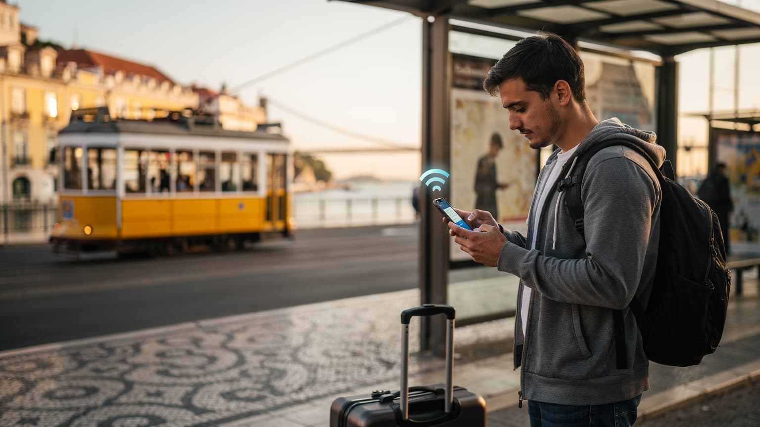 Uma mulher sorridente usando um smartphone para navegar, com a Torre de Belém em Lisboa ao fundo, em um dia ensolarado.