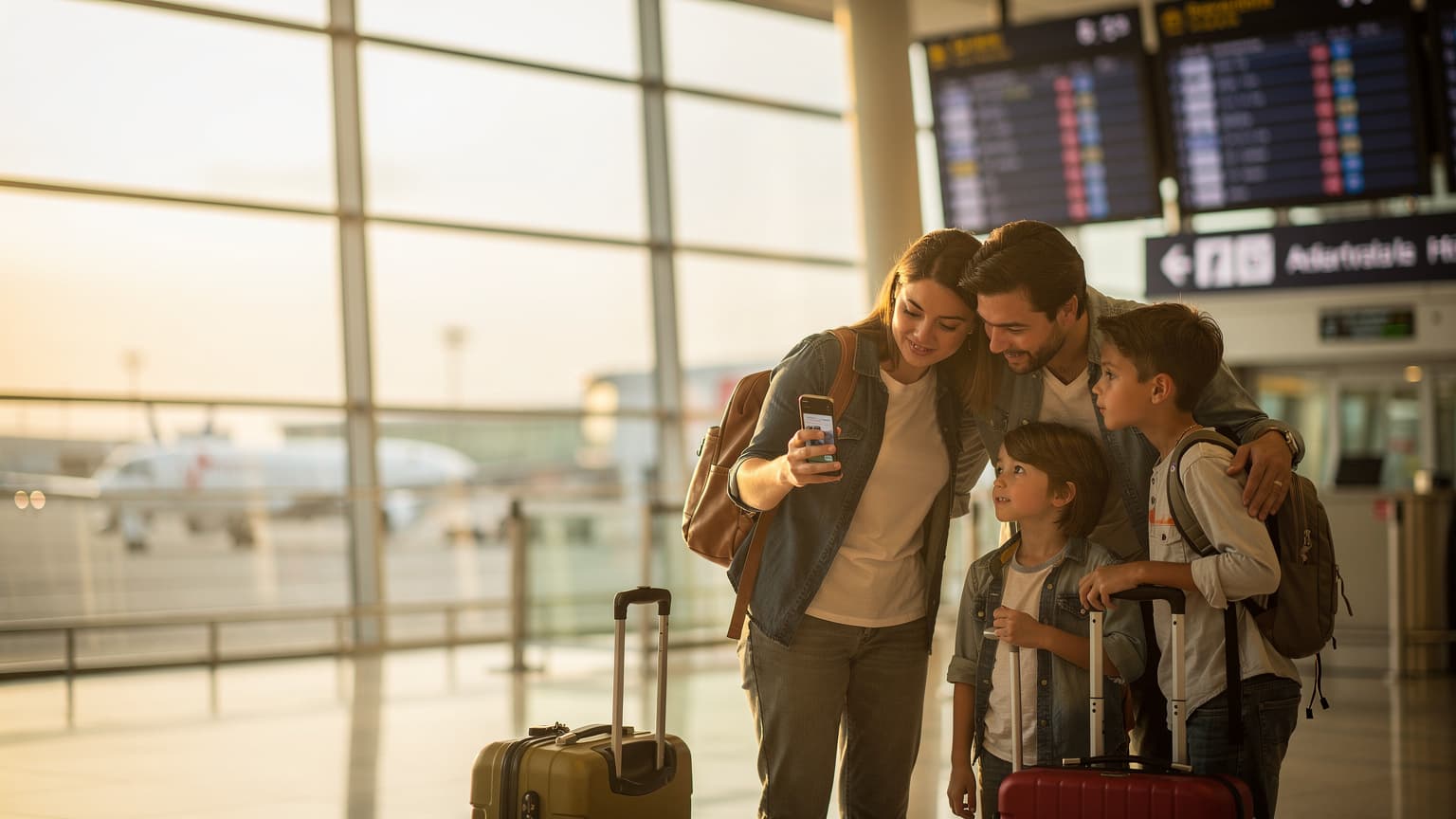 A parent helping their child watch an offline movie on an iPad in a brightly lit airport lounge, while checking their iPhone for flight status.