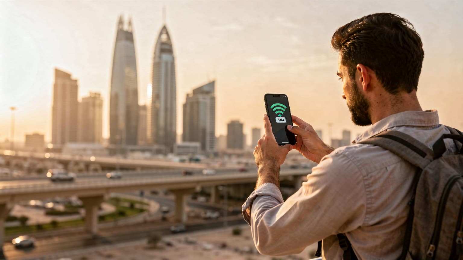 رجل عربي يرتدي ثوباً أبيض ويجلس في مقهى راقٍ بالرياض، يستخدم هاتفه الذكي، مع خلفية تظهر أبراج مركز الملك عبد الله المالي مضاءة بشكل خافت في المساء.