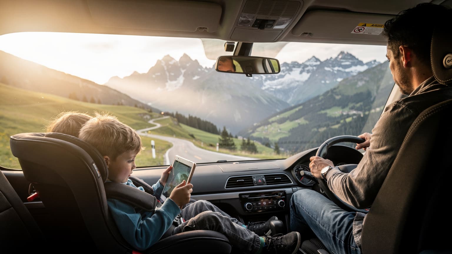 Eine Familie, bestehend aus zwei Erwachsenen und zwei Kindern, blickt von einem Aussichtspunkt auf eine atemberaubende Alpenlandschaft mit schneebedeckten Gipfeln und grünen Tälern, während sie ein Smartphone mit einer geöffneten Offline-Karten-App in der Hand hält.