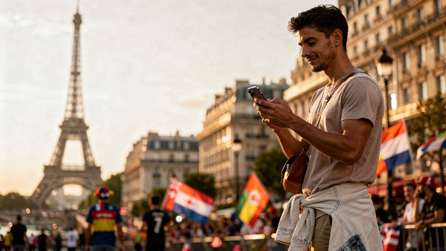 Une femme souriante utilisant son téléphone mobile sur le Pont des Arts à Paris, avec la Seine et l'Institut de France en arrière-plan, lors d'un après-midi ensoleillé.