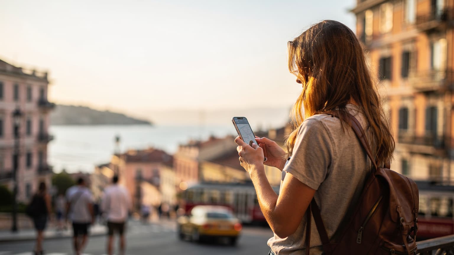 Una donna sorride mentre cammina per le stradine affollate del quartiere di Gràcia a Barcellona, consultando il suo telefono con l'aria rilassata e connessa, con il sole del tardo pomeriggio che illumina gli edifici colorati.