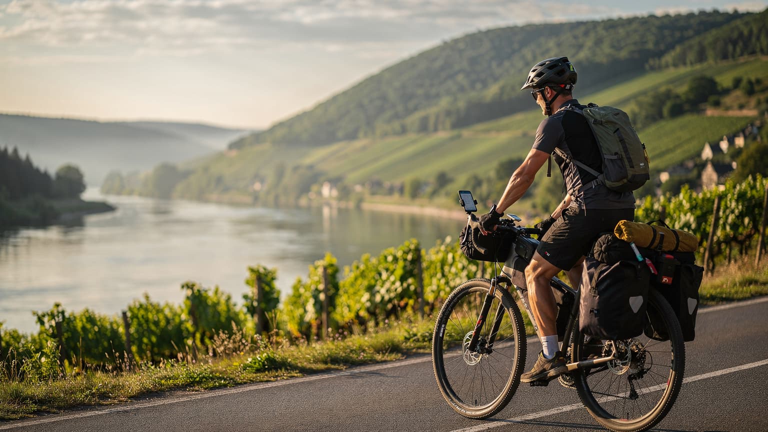 Een fietser in sportkleding, met helm en zonnebril, kijkt op een smartphone die in een houder op het stuur is bevestigd, terwijl deze fietst op een geasfalteerde weg door een weelderig groen landschap met heuvels en een rivier op de achtergrond in de Ardennen.