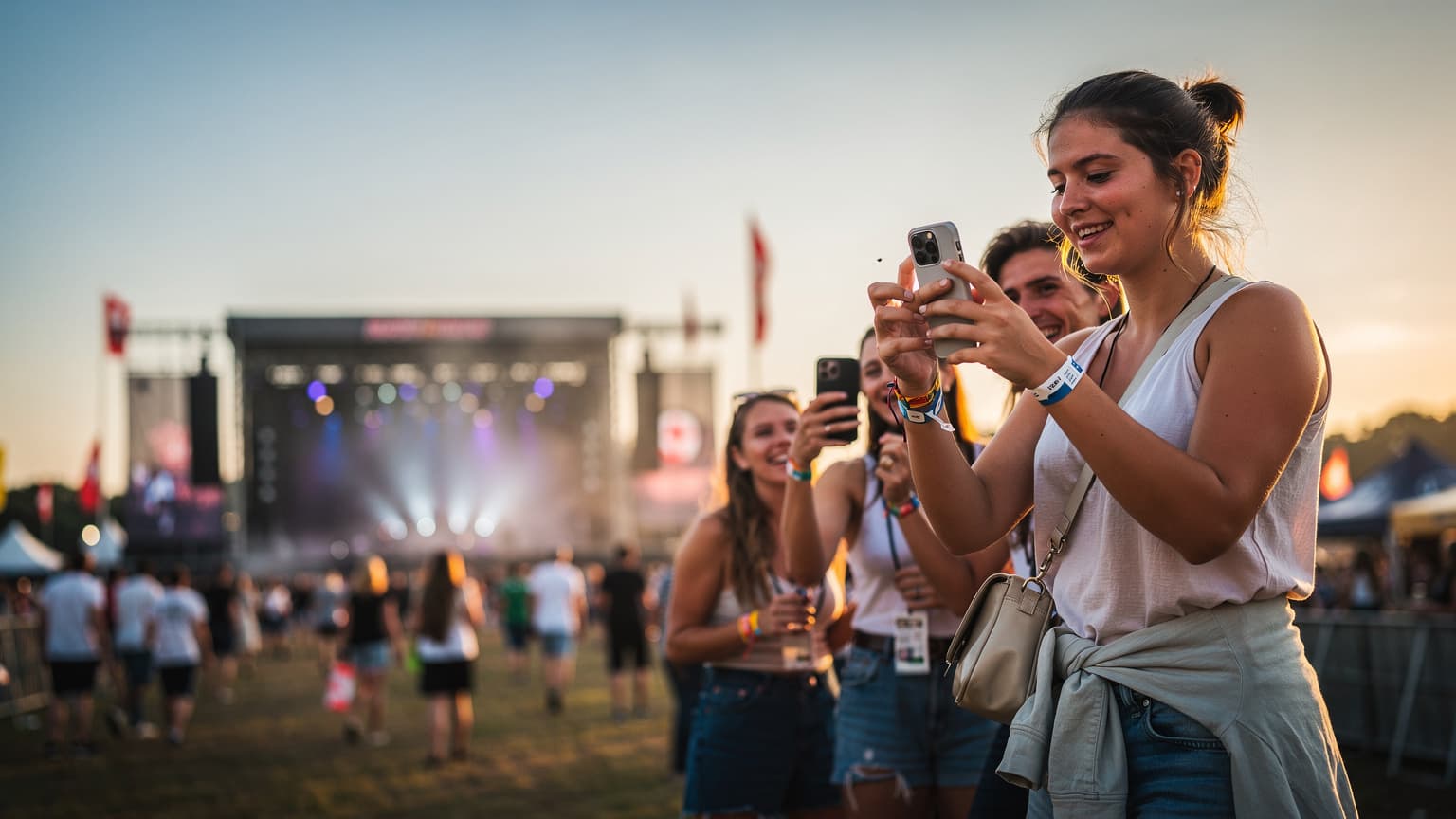 Ein Festivalbesucher im Rhein-Main-Gebiet tanzt ausgelassen vor einer Bühne, das Smartphone in der Hand, während im Hintergrund eine riesige Menschenmenge und farbenfrohe Bühnenbeleuchtung zu sehen sind.