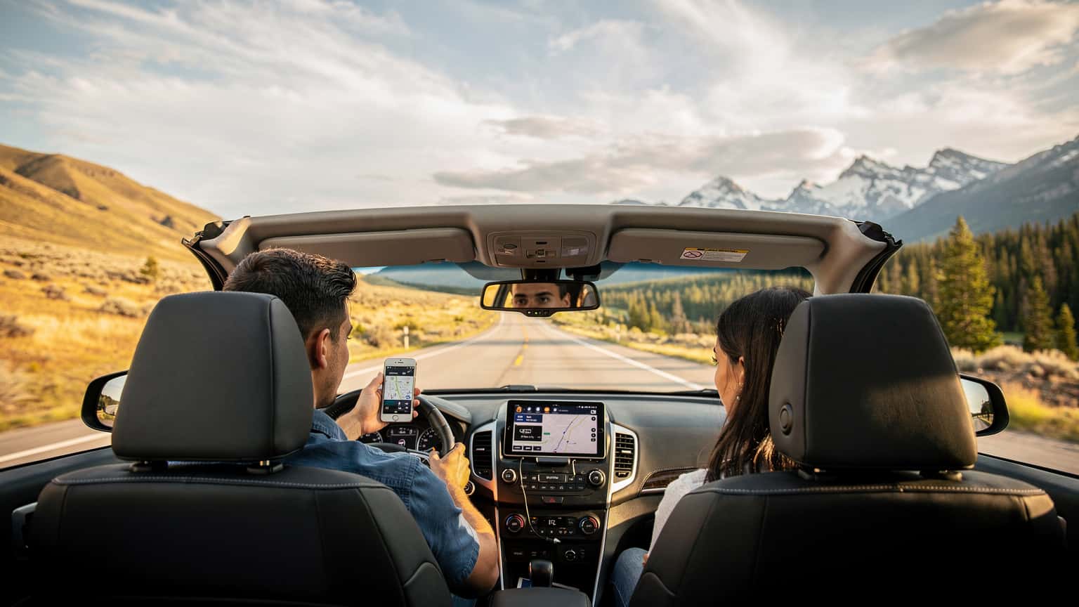 A family laughing in a vintage convertible, driving on a scenic highway with mountains in the background, a smartphone mounted on the dashboard showing a navigation app.