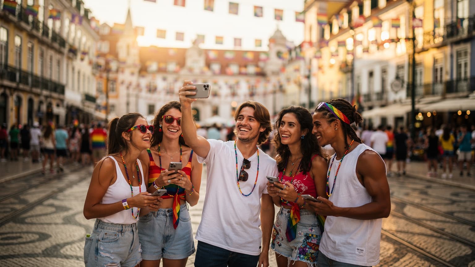 Uma pessoa sorrindo, segurando um smartphone com um arco-íris refletido na tela, em meio à multidão festiva do Arraial Pride em Lisboa, com as bandeiras LGBTQIA+ tremulando ao fundo.