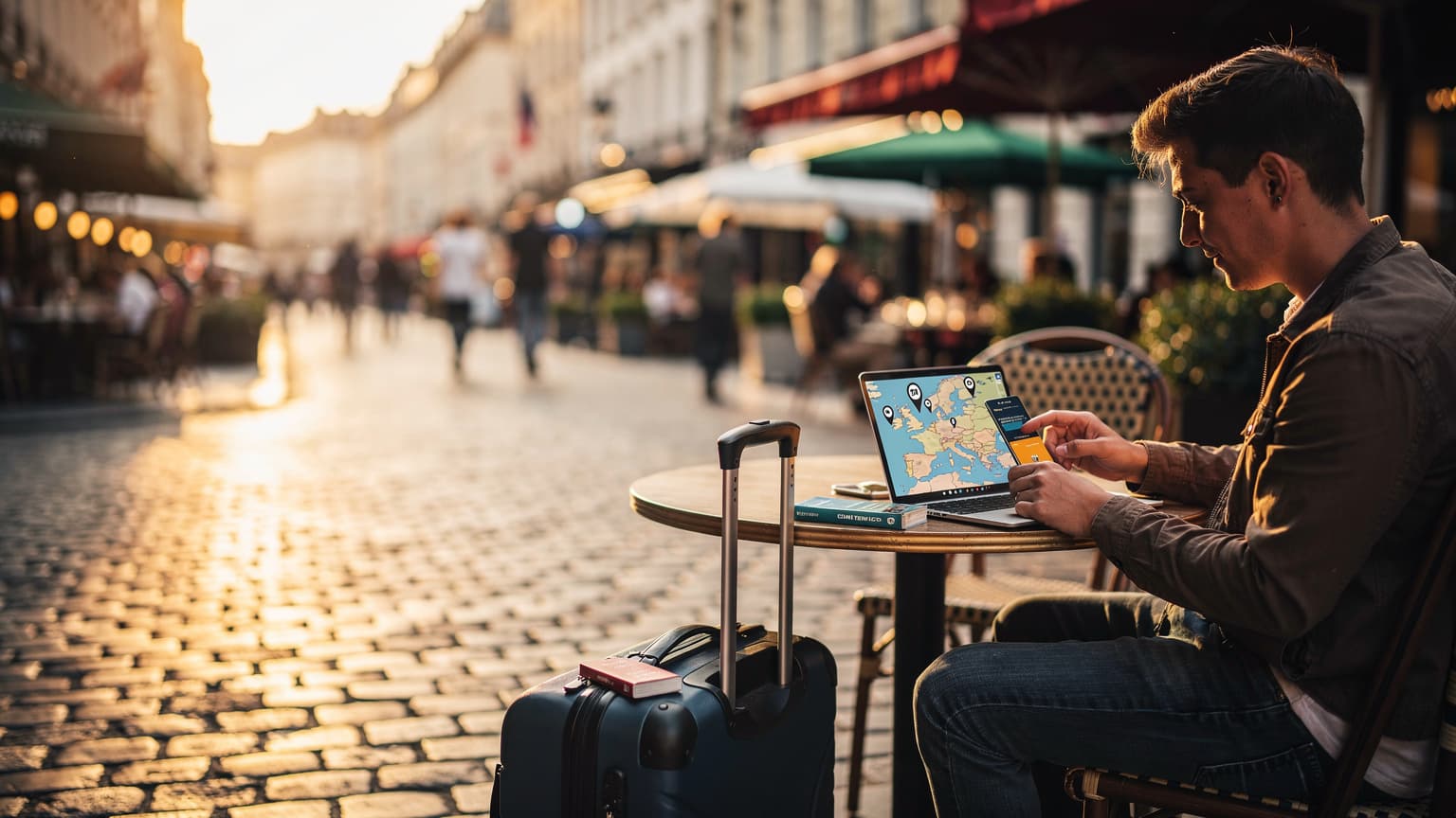 A British traveler at a bustling European train station platform, checking their phone for train times with a large backpack on, ready for adventure.