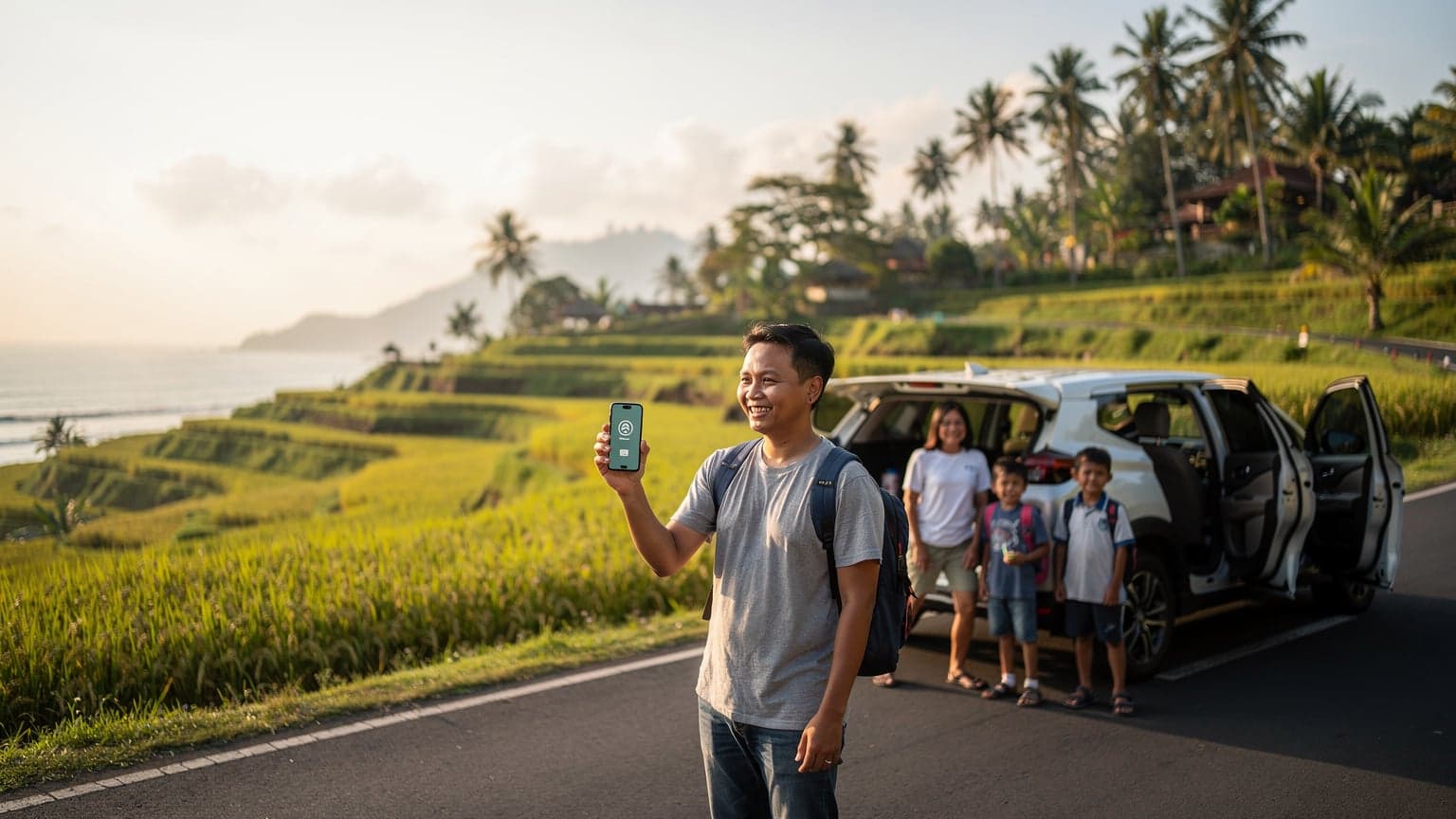 Seorang wisatawan muda sedang mengendarai sepeda motor sewaan di jalan pedesaan yang sepi di Bali, melewati sawah hijau dan pura kecil, dengan ponsel terpasang di stang menunjukkan aplikasi peta.