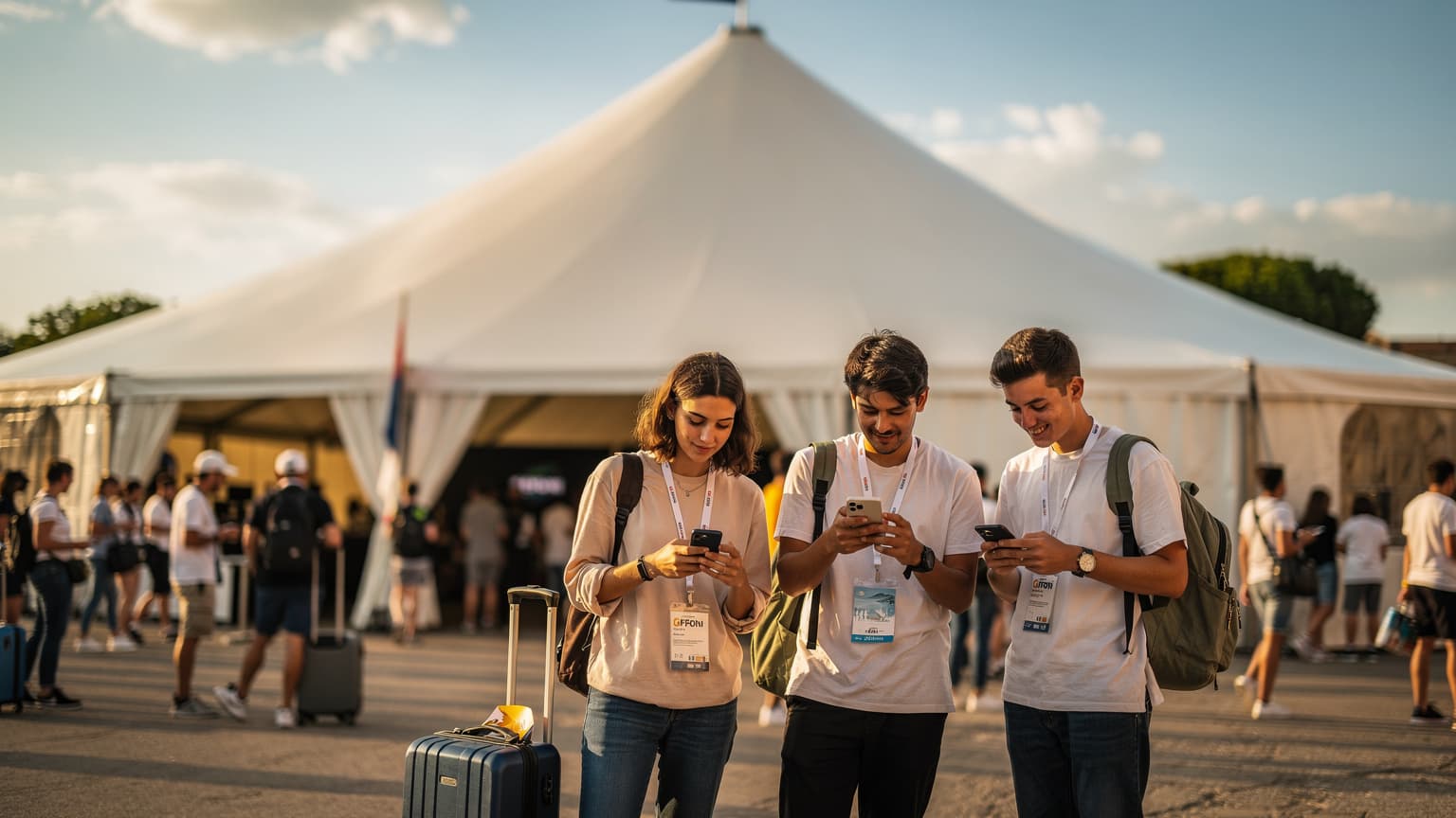Un giovane partecipante al Giffoni Film Festival sorride mentre consulta il suo smartphone, con il tendone principale del festival sullo sfondo e la folla animata di Giffoni Valle Piana.