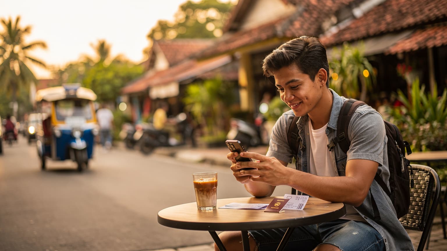 A woman confidently walking through the bustling street market of Jalan Malioboro in Yogyakarta, Indonesia, holding her smartphone, with traditional batik stalls and street food vendors in the background.