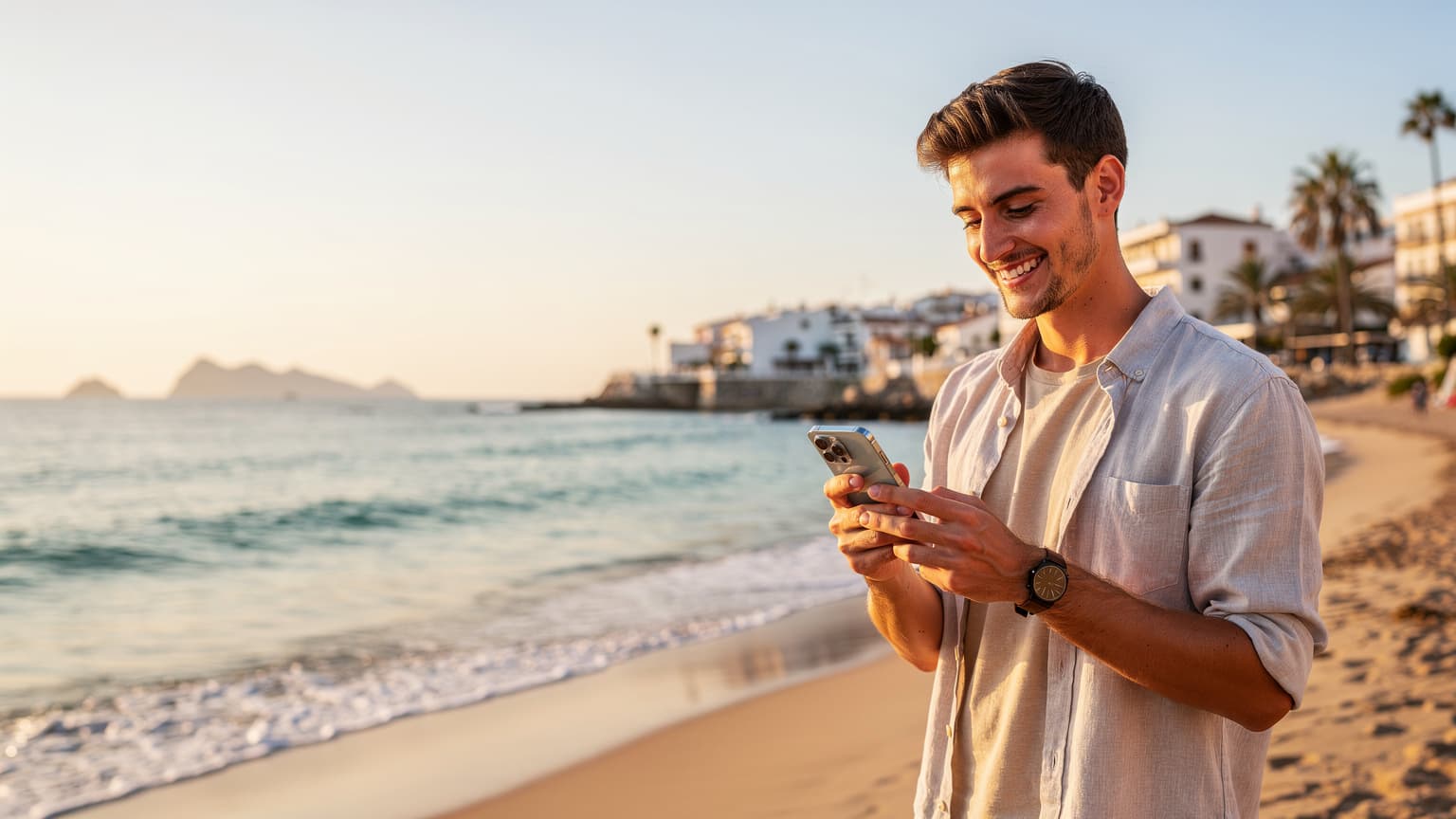 Un joven mochilero con una mochila ligera y sandalias, sentado en la terraza de un chiringuito en la playa de la Barceloneta en Barcelona, mirando su teléfono con una expresión relajada mientras el sol de la tarde ilumina la escena.